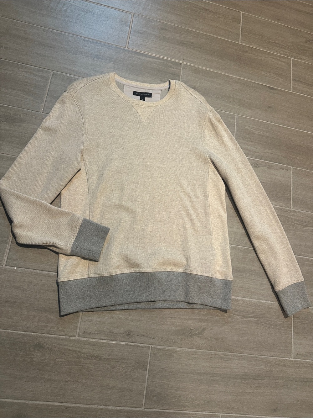 Banana Republic Men's Crewneck Sweater in Light Beige with Gray Trim